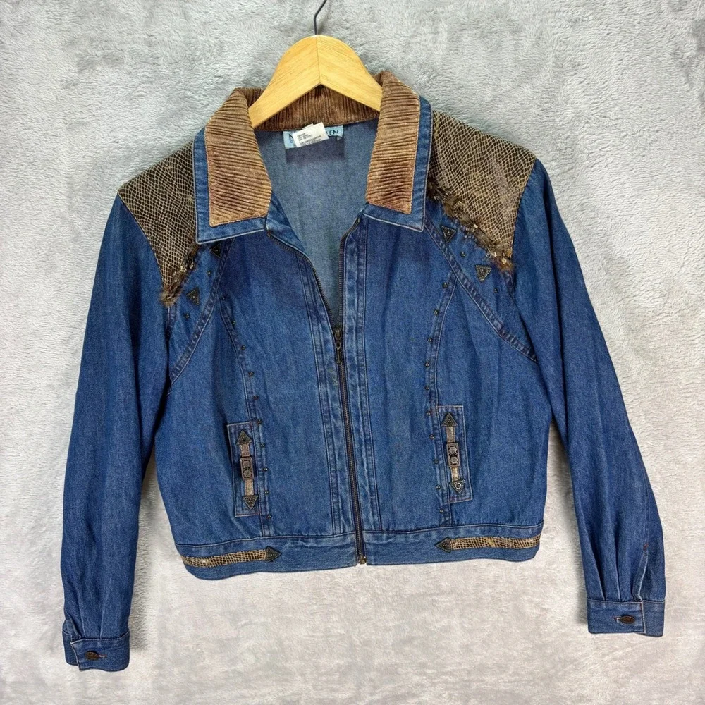 Vtg Nancy Bolen City Girl Womens Denim Western Jacket Blue Corduroy Trim Size 10